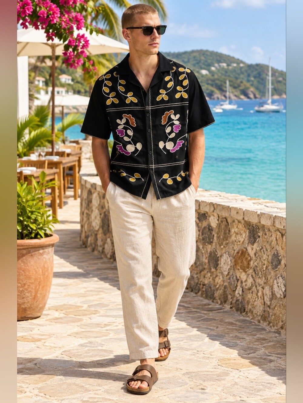 Zara Linen Blend Short Sleeve Embroidered Floral Button-front Shirt Men's M